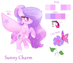 Size: 1496x1286 | Tagged: safe, artist:sugaryicecreammlp, derpibooru import, oc, oc:sunny charm, earth pony, pony, female, glimmer wings, mare, reference sheet, simple background, solo, transparent background