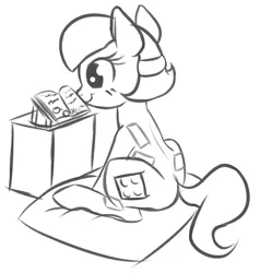 Size: 1462x1536 | Tagged: safe, artist:wenni, derpibooru import, oc, oc:blocky bits, unofficial characters only, earth pony, pony, black and white, book, female, grayscale, lego, mare, monochrome, pillow, reading, simple background, sitting, sketch, solo, white background