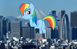 Size: 1874x1200 | Tagged: safe, artist:rainbowmaned, artist:theotterpony, derpibooru import, rainbow dash, pegasus, pony, city, giant pony, giant rainbow dash, highrise ponies, irl, japan, macro, mega/giant rainbow dash, photo, plot, rainbutt dash, solo, story in the source, tokyo, vector