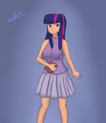 Size: 2098x2443 | Tagged: artist:wolfy-pony, clothes, cute, derpibooru import, human, humanized, legs, moe, pleated skirt, safe, skirt, smiling, solo, twilight sparkle