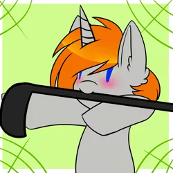 Size: 1500x1500 | Tagged: safe, artist:cammyshypai, derpibooru import, oc, oc:disterious, unofficial characters only, unicorn, blue eyes, blushing, cute, hockey stick, horn, male, orange mane, simple background, solo