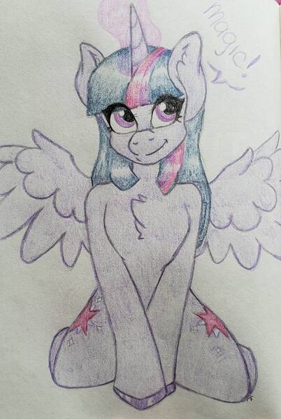 Size: 932x1391 | Tagged: safe, artist:diamondsparkle7, derpibooru import, twilight sparkle, alicorn, semi-anthro, both cutie marks, colored hooves, female, smiling, solo, traditional art, twilight sparkle (alicorn)