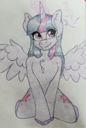 Size: 932x1391 | Tagged: safe, artist:diamondsparkle7, derpibooru import, twilight sparkle, alicorn, semi-anthro, both cutie marks, colored hooves, female, smiling, solo, traditional art, twilight sparkle (alicorn)