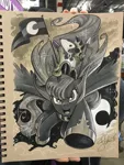 Size: 1536x2048 | Tagged: safe, artist:andypriceart, derpibooru import, princess luna, tiberius, alicorn, opossum, pony, action pose, andy you magnificent bastard, crown, female, flag, helmet, hoof shoes, jewelry, looking at you, mare, monochrome, night guard armor, open mouth, regalia, spear, traditional art, weapon