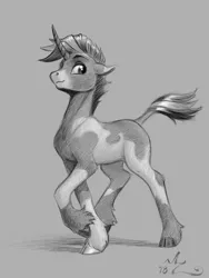 Size: 900x1200 | Tagged: safe, artist:amarynceus, deleted from derpibooru, derpibooru import, oc, unofficial characters only, classical unicorn, pony, unicorn, cloven hooves, curved horn, floppy ears, gray background, grayscale, leonine tail, male, monochrome, piebald coloring, pinto, realistic horse legs, simple background, solo, stallion, unshorn fetlocks