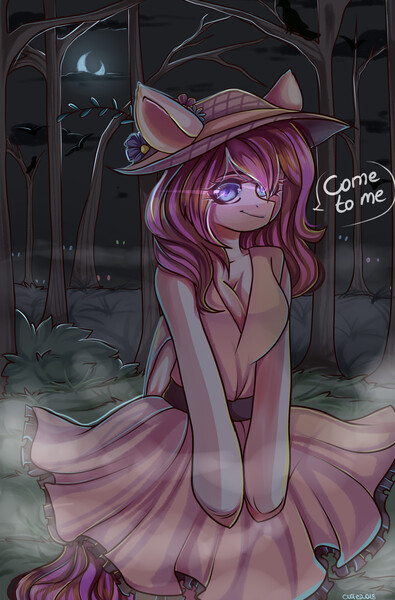 Size: 1393x2116 | Tagged: anthro, arm hooves, artist:crybaby, bipedal, breasts, cleavage, clothes, cute, dark, derpibooru import, dialogue, dress, female, flower, fog, forest, glowing eyes, hat, mist, moon, oc, oc:luscious desire, safe, solo, sundress, unofficial characters only