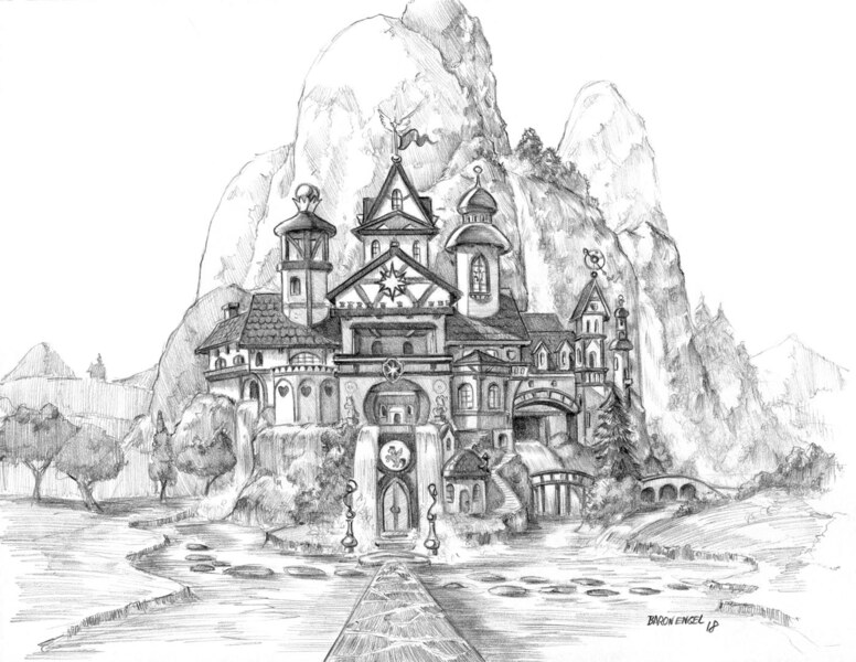 Size: 1400x1082 | Tagged: architecture, artist:baron engel, building, derpibooru import, grayscale, monochrome, no pony, pencil drawing, safe, school of friendship, traditional art, waterfall