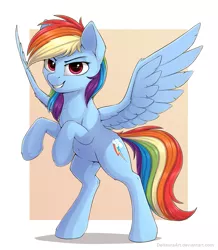 Size: 1337x1535 | Tagged: safe, artist:deltauraart, derpibooru import, rainbow dash, pegasus, pony, abstract background, belly button, chest fluff, cute, dashabetes, ear fluff, female, leg fluff, looking at you, mare, rearing, redraw, solo, spread wings, tan background, wing fluff, wings