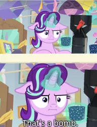 Size: 1000x1300 | Tagged: safe, derpibooru import, edit, edited screencap, screencap, starlight glimmer, unicorn, marks for effort, bomb, captain obvious, caption, faic, floppy ears, i mean i see, implied death, meme, nonchalant, obvious, oh no, solo, this will end in communism, this will end in death, this will end in tears and/or death, truth, unfazed, video game, war thunder, weapon, world war ii