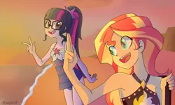 Size: 3538x2131 | Tagged: safe, artist:xan-gelx, derpibooru import, sci-twi, sunset shimmer, twilight sparkle, equestria girls, equestria girls series, forgotten friendship, beach, clothes, duo, female, glasses, ocean, open mouth, peace sign, sand, smiling, sunset, swimsuit