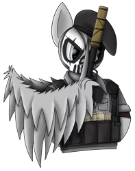 Size: 2050x2600 | Tagged: safe, artist:silver dash, derpibooru import, oc, oc:silver dash, pegasus, pony, beret, clothes, crossover, face paint, gun, handgun, hat, male, pistol, rainbow six siege, simple background, stallion, suppressor, transparent background, vest, weapon, wing hands