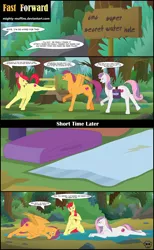 Size: 1500x2433 | Tagged: safe, artist:mighty-muffins, derpibooru import, apple bloom, scootaloo, sweetie belle, pony, bush, cutie mark, cutie mark crusaders, dialogue, female, fence, forest, long hair, older, rock, saddle bag, sign, signature, small head, sweetie belle is not amused, teenage apple bloom, teenage scootaloo, teenage sweetie belle, teenager, towel, tree, unamused, water, wet, wet mane