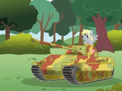 Size: 1843x1369 | Tagged: safe, artist:pizzamovies, derpibooru import, derpy hooves, pegasus, pony, camouflage, cannon, epic derpy, female, food, forest, german, grass, mare, muffin, panther (tank), panzer v, scrunchy face, solo, tank (vehicle), tree, vector