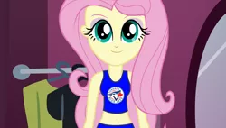 Size: 1680x956 | Tagged: safe, derpibooru import, fluttershy, equestria girls, baseball, belly button, dressup, female, flash game, front view, mlb, smiling, solo, sports, toronto blue jays