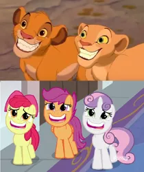 Size: 624x744 | Tagged: apple bloom, comparison, cutie mark crusaders, derpibooru import, grin, marks for effort, nala, safe, scootaloo, simba, smiling, sweetie belle, the lion king