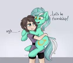 Size: 1227x1063 | Tagged: safe, artist:haruhi-il, derpibooru import, lyra heartstrings, human, pony, unicorn, carrying, clothes, engrish, female, holding a pony, humie, mare, simple background, that pony sure does love humans