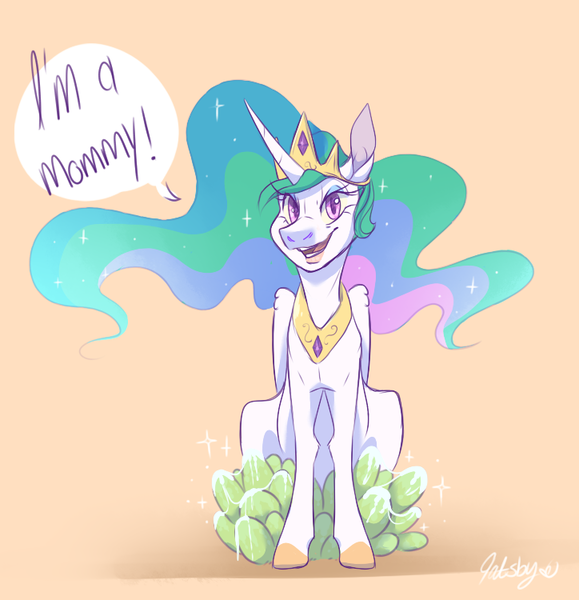 Size: 724x750 | Tagged: safe, artist:qatsby, derpibooru import, princess celestia, pony, egg, female, mare, momlestia, offspring, oviposition, parent:princess celestia, parent:thorax, parents:thoralestia, simple background, solo, speech bubble, wat