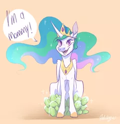 Size: 724x750 | Tagged: safe, artist:qatsby, derpibooru import, princess celestia, pony, egg, female, mare, momlestia, offspring, oviposition, parent:princess celestia, parent:thorax, parents:thoralestia, simple background, solo, speech bubble, wat