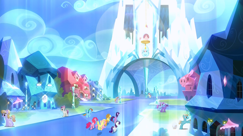 Size: 1280x720 | Tagged: safe, derpibooru import, screencap, applejack, fluttershy, pinkie pie, rainbow dash, rarity, twilight sparkle, crystal pony, earth pony, pegasus, pony, unicorn, games ponies play, crystal castle, crystal empire, crystal heart, female, lens flare, mane six, mare, shiny, unicorn twilight