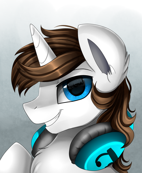 Size: 1446x1764 | Tagged: safe, artist:pridark, derpibooru import, oc, oc:flame runner, pony, unicorn, blue eyes, bust, chest fluff, commission, headphones, looking at you, male, portrait, solo