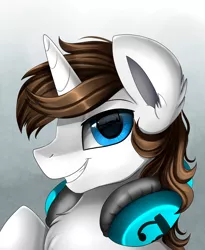 Size: 1446x1764 | Tagged: safe, artist:pridark, derpibooru import, oc, oc:flame runner, pony, unicorn, blue eyes, bust, chest fluff, commission, headphones, looking at you, male, portrait, solo