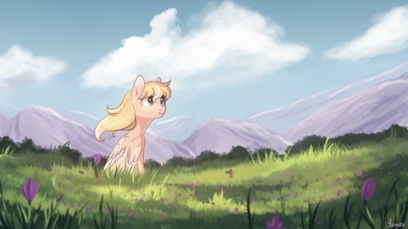 Size: 1024x576 | Tagged: safe, artist:worldlofldreams, derpibooru import, oc, unofficial characters only, pegasus, pony, female, field, flower, flowing mane, folded wings, grass, image, mare, mountain, png, scenery, sitting, smiling, solo, two toned wings, wings