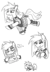 Size: 712x1024 | Tagged: safe, artist:jargon scott, derpibooru import, oc, oc:nada phase, unofficial characters only, earth pony, pony, album, ankh, boots, bracelet, clothes, cute, dialogue, ear piercing, earring, eyeshadow, female, fishnets, goth, grayscale, hoof hold, jewelry, lipstick, looking at you, makeup, mare, monochrome, necklace, piercing, plaid, plaid skirt, shoes, simple background, skirt, skirt lift, solo, spiked wristband, white background, wristband