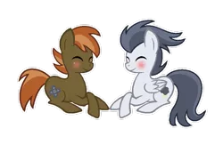 Size: 769x500 | Tagged: safe, artist:caecii, artist:darbypop1, derpibooru import, button mash, rumble, pony, base used, blushing, eyes closed, gay, male, older, prone, rumblemash, shipping, simple background, smiling, stallion, transparent background