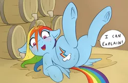 Size: 2480x1608 | Tagged: suggestive, artist:fearingfun, derpibooru import, edit, edited edit, rainbow dash, pegasus, pony, barrel, blushing, caught, cider, cutie mark, dashaholic, dialogue, dock, drunker dash, edit of an edit of an edit, explicit source, female, floppy ears, frog (hoof), i can explain, keg, mare, on back, plot, puddle, rainbutt dash, sfw edit, solo, that pony sure does love cider, underhoof, wet, wet mane