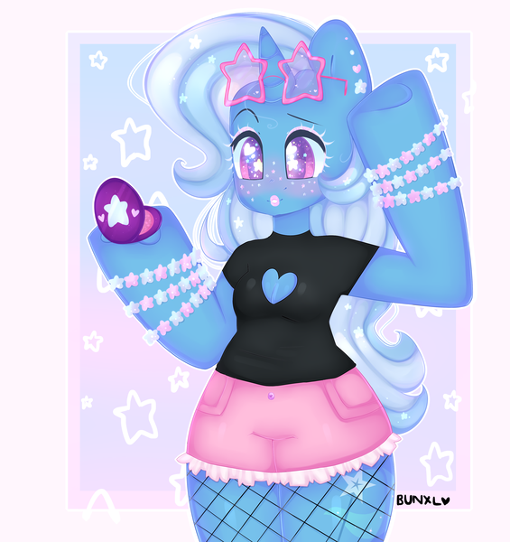 Size: 3200x3400 | Tagged: safe, artist:bunxl, derpibooru import, trixie, anthro, semi-anthro, unicorn, boob window, clothes, cute, diatrixes, female, fishnets, heart eyes, lipstick, shirt, shorts, solo, starry eyes, sunglasses, wingding eyes