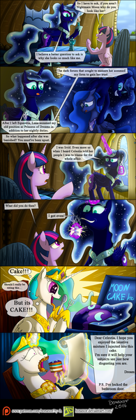 Size: 800x2457 | Tagged: safe, artist:bonaxor, derpibooru import, princess celestia, princess luna, twilight sparkle, twilight sparkle (alicorn), oc, oc:princess dream, alicorn, pony, comic:journey to the lunar republic, cake, cakelestia, comic, dexterous hooves, food, fork, laxative, magic, prank, spoon