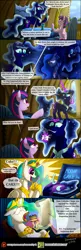 Size: 800x2457 | Tagged: safe, artist:bonaxor, derpibooru import, princess celestia, princess luna, twilight sparkle, twilight sparkle (alicorn), oc, oc:princess dream, alicorn, pony, comic:journey to the lunar republic, cake, cakelestia, comic, dexterous hooves, food, fork, laxative, magic, prank, spoon