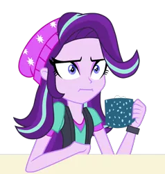 Size: 2449x2575 | Tagged: safe, artist:rodan00, derpibooru import, starlight glimmer, equestria girls, marks for effort, beanie, cup, empathy cocoa, equestria girls interpretation, female, guidance counselor, hat, i mean i see, reaction image, scene interpretation, show accurate, simple background, solo, transparent background, vector