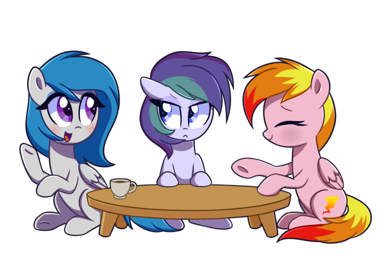 Size: 2100x1500 | Tagged: safe, artist:darkynez, derpibooru import, oc, oc:spooky glare, oc:violet blaze, unofficial characters only, pegasus, pony, blushing, coffee, friendship, pouting, simple background, sitting, table, talking, transparent background