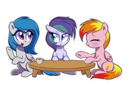 Size: 2100x1500 | Tagged: safe, artist:darkynez, derpibooru import, oc, oc:spooky glare, oc:violet blaze, unofficial characters only, pegasus, pony, blushing, coffee, friendship, pouting, simple background, sitting, table, talking, transparent background