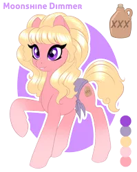 Size: 950x1191 | Tagged: safe, artist:peridotkitty, derpibooru import, oc, oc:moonshine dimmer, earth pony, pony, alcohol, blonde, moonshine, raised hoof, simple background, solo, transparent background