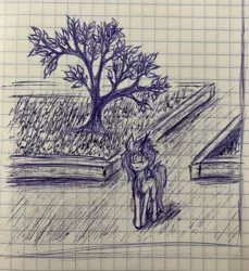 Size: 2886x3148 | Tagged: safe, artist:milesseventh, derpibooru import, oc, oc:winstonvii, unofficial characters only, unicorn, graph paper, lined paper, photo, solo, standing, traditional art, tree