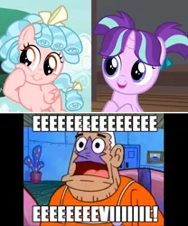 Size: 1204x1444 | Tagged: cozybetes, cozy glow, cute, derpibooru import, edit, edited screencap, evil, female, filly, filly starlight glimmer, marks for effort, mermaid man, mermaid man and barnacle boy, safe, screencap, spongebob squarepants, starlight glimmer, uncommon bond, younger