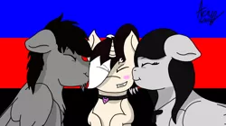 Size: 1916x1071 | Tagged: safe, artist:acrylicbristle, derpibooru import, oc, oc:acrylic bristle, oc:akira katsura, oc:shady mane, unofficial characters only, pegasus, pony, unicorn, bangs, beard, bisexual, blushing, chest fluff, collar, facial hair, floppy ears, happy, jewelry, kiss on the cheek, kissing, love, necklace, polyamory, polyamory pride flag, ponytail, pride, pride month, signature, smiling, squint