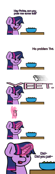 Size: 1280x4000 | Tagged: safe, artist:ljdamz1119, derpibooru import, twilight sparkle, twilight sparkle (alicorn), alicorn, pony, comic, dialogue, female, food, magic, mare, salad, salt, salt shaker, solo, telekinesis, yeet