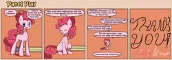 Size: 1400x489 | Tagged: safe, artist:solar-slash, derpibooru import, pinkie pie, earth pony, pony, comic, female, mare, panel play, sitting, smiling, solo, tongue out