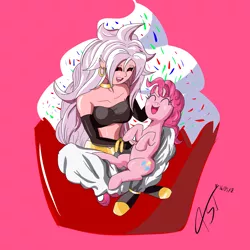 Size: 1500x1500 | Tagged: android 21, artist:asajiopie01, crossover, cupcake, derpibooru import, dragon ball fighterz, dragon ball super, eyes closed, food, majin android 21, pinkie being pinkie, pinkie pie, ponk, safe, smiling, tickling