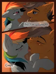 Size: 829x1100 | Tagged: suggestive, artist:hioshiru, derpibooru import, quibble pants, rainbow dash, pegasus, pony, comic:tale road, blushing, comic, eyes closed, female, french kiss, kissing, looking at each other, male, mare, open mouth, quibbledash, romantic, shipping, stallion, straight, train