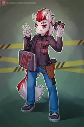 Size: 1080x1621 | Tagged: anthro, anthro oc, artist:ohmymarton, briefcase, card, clothes, commission, derpibooru import, looking at you, oc, pants, patreon, patreon logo, safe, shoes, solo, unofficial characters only