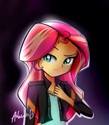 Size: 720x826 | Tagged: safe, artist:jenniheartva, derpibooru import, sunset shimmer, equestria girls, clothes, female, jacket, leather jacket, signature, solo