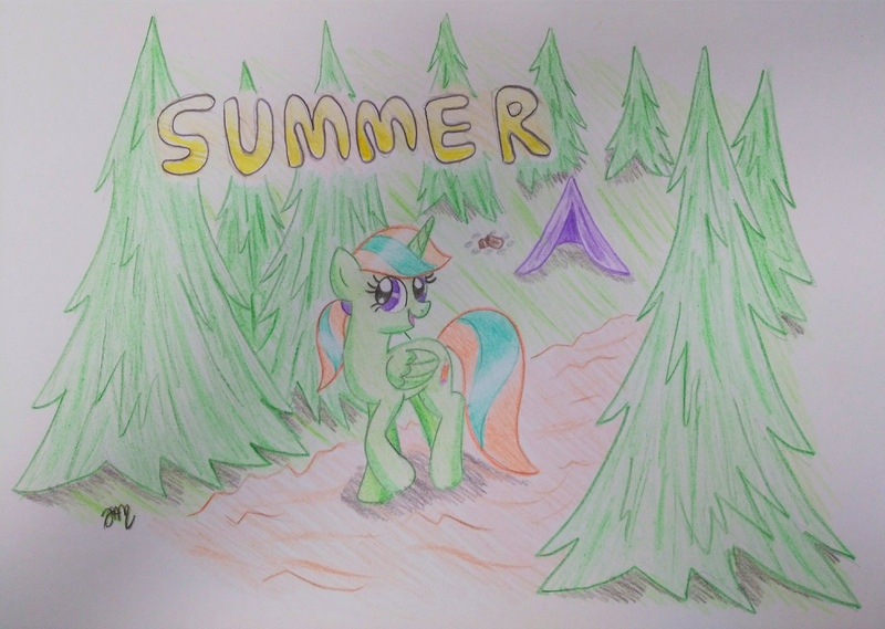 Size: 3972x2825 | Tagged: alicorn, alicorn oc, artist:prinrue, derpibooru import, firepit, oc, oc:starshine note, path, pine tree, safe, tent, text, traditional art, tree