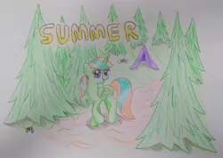 Size: 3972x2825 | Tagged: alicorn, alicorn oc, artist:prinrue, derpibooru import, firepit, oc, oc:starshine note, path, pine tree, safe, tent, text, traditional art, tree