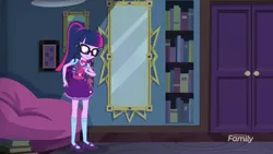 Size: 2208x1242 | Tagged: safe, derpibooru import, screencap, sci-twi, twilight sparkle, eqg summertime shorts, equestria girls, monday blues, backpack, beanbag chair, belt, book, bowtie, clothes, cute, discovery family logo, door, glasses, looking down, mary janes, mirror, ponytail, skirt, socks, solo, twiabetes