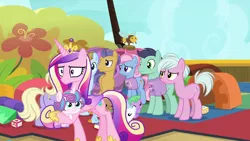 Size: 1280x720 | Tagged: safe, derpibooru import, screencap, opulence, power chord, princess cadance, princess flurry heart, sun cloche, pony, once upon a zeppelin, background pony, clothes, daycare, female, las pegasus resident, male, mare, mother and daughter, shirt, stallion