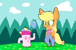 Size: 3000x2000 | Tagged: safe, artist:heir-of-rick, derpibooru import, applejack, pinkie pie, anthro, daily apple pony, animal crossing, balloon, big ears, clothes, freckles, gyroid, gyroidified, hidden cane, species swap